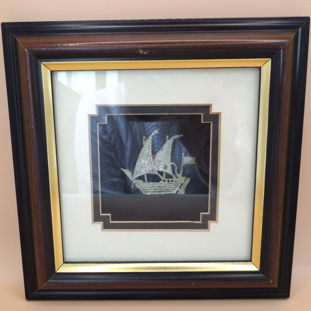 Sterling Silver 925 Ship Miniature Damascene Style Etching Framed