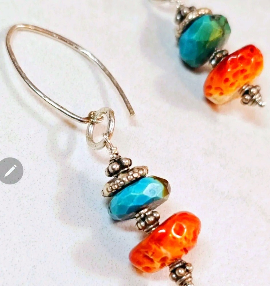 Orange Spiny Oyster & Crysocolla Sterling Artisan Earring
