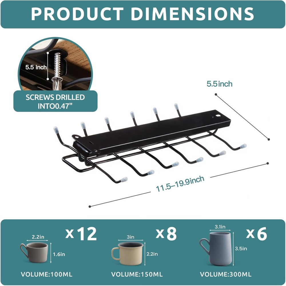 Sliding Mug Hooks for Under-Cabinet Installation, Pull-Out Coffee Cup Holder ...