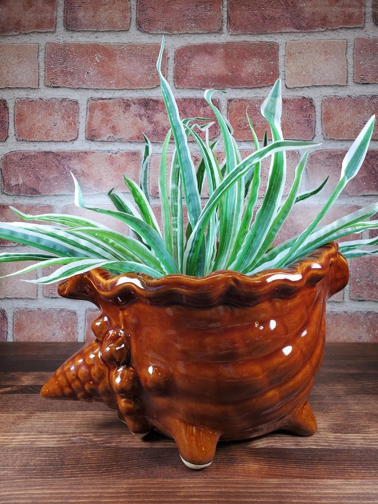 Vintage Brown Glazed Ceramic Conch Shell Planter, Seashell Nautical Decor