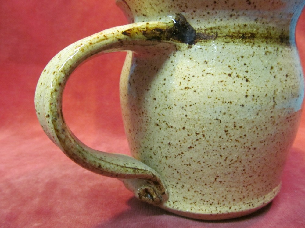 5" BROWN SPECKLE STUDIO POTTERY PITCHER WITH PAINTED PINECONE