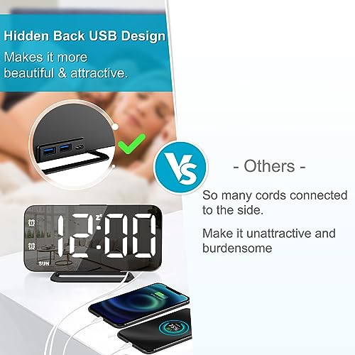Slim LED Digital Alarm Clock, Mirror Surface for Makeup, with Diming, Black