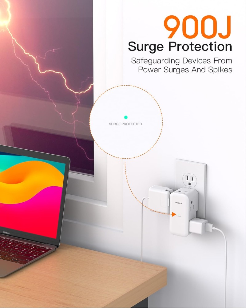 Surge Protector Outlet Extender Rotating Plug 6 AC Wall Adapter Splitter