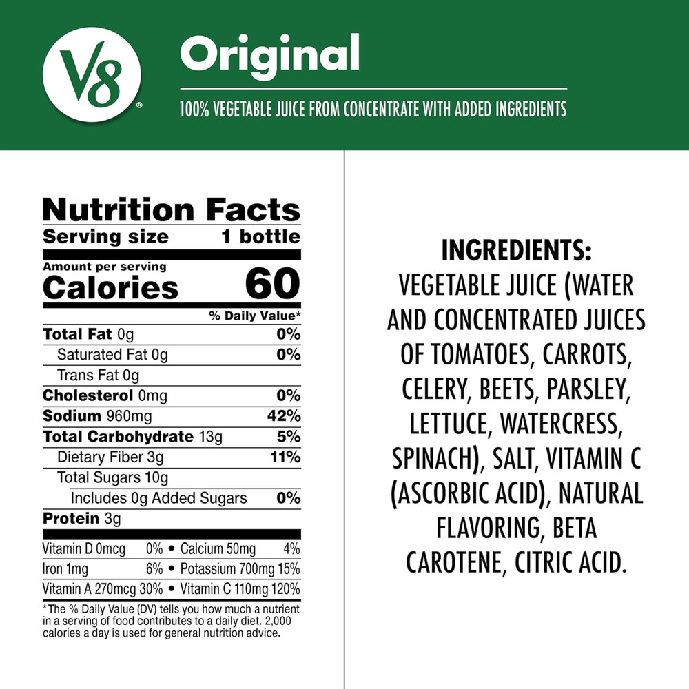 V8 Original 100% Vegetable Juice, 12 Fl Oz Bottle (12 Pack)