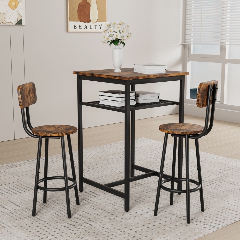3 Piece Bar Table Set Counter Height Dining Kitchen Pub Table with 2 Bar Chairs