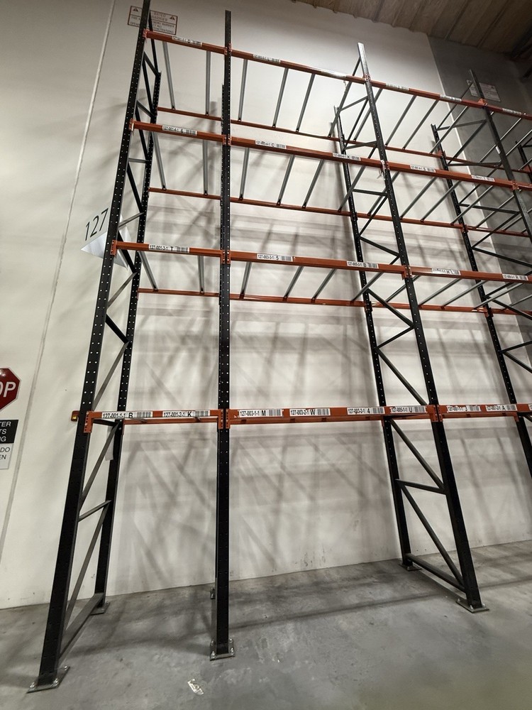 Black Structural Cant Leg Pallet Racking Orange Beams Supports 38x8 Base Plate