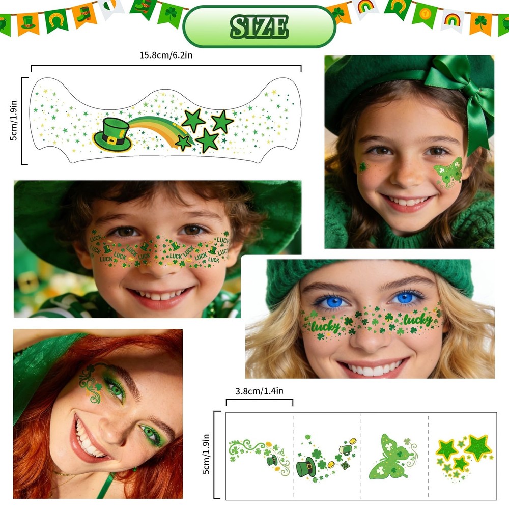 28 PCS St Patrick’s Day Glitter Face Temporary Small, Irish Shamrocks