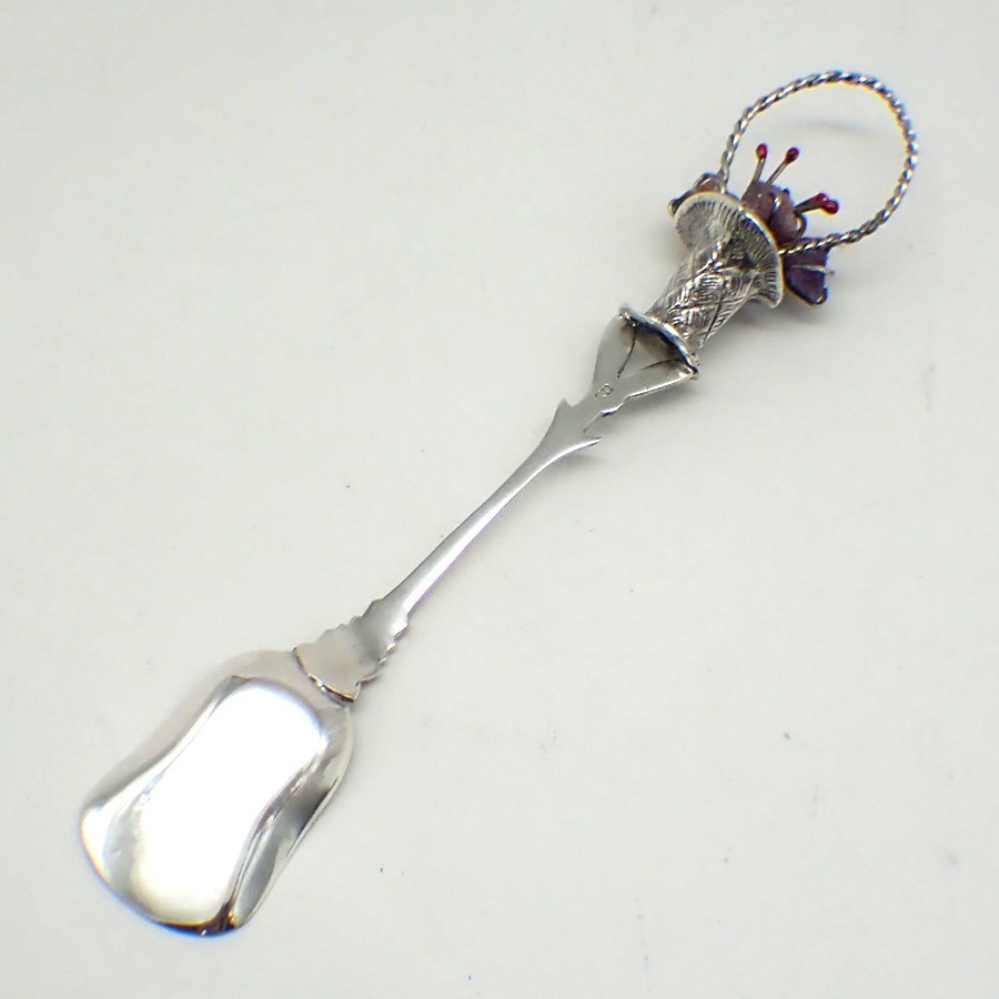 Sugar Spoon Shovel Figural Finial 800 Silver Stones