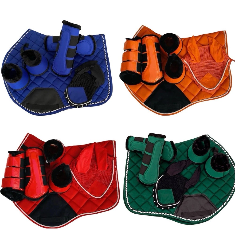 Equestrian Saddle Pad Set with Matching Ear Bonnet, Brushing Boots & Bell Boots