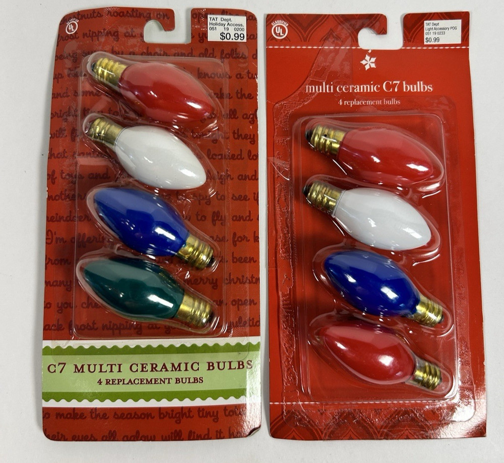 C7 Ceramic Christmas Light replacement bulbs 8 total Red White Blue Green
