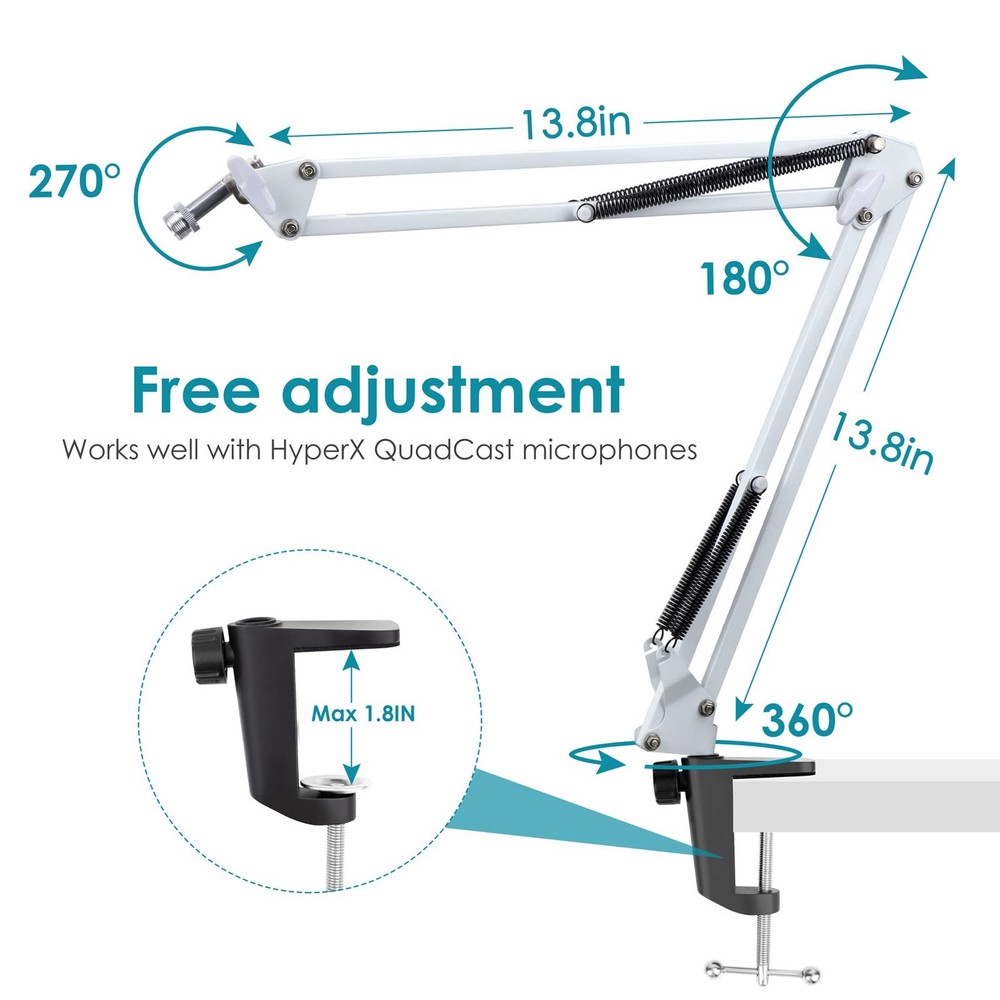 White Boom Arm for HyperX QuadCast S White Mic Arm Compatible with Hyperx Qu...