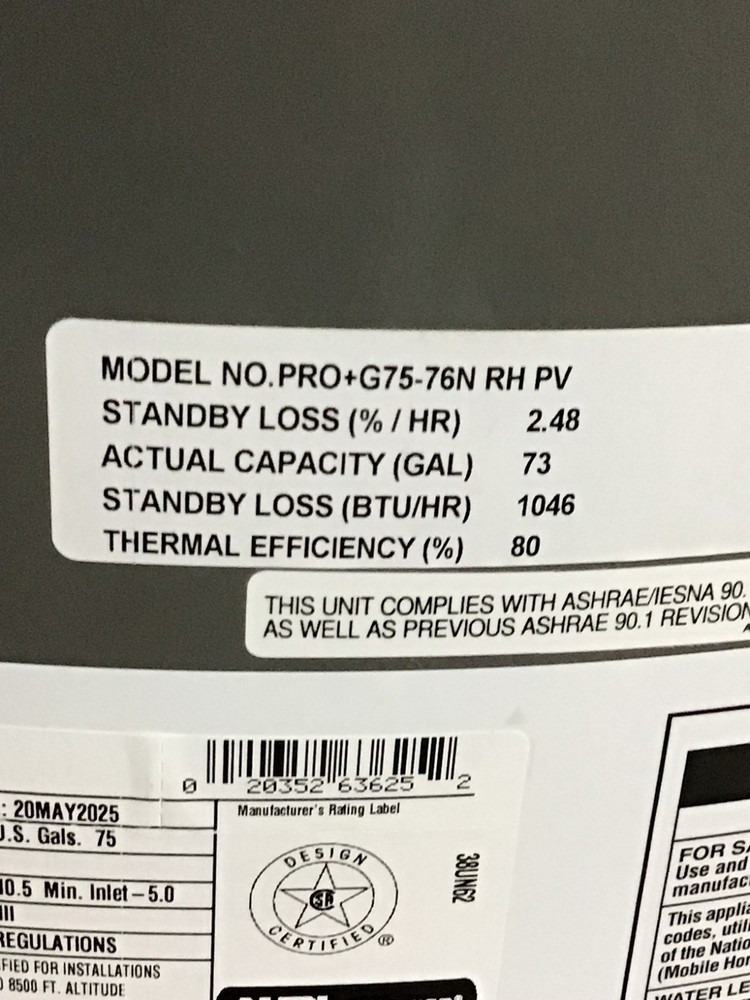 RHEEM PRO +G75-76N RH PV 75 Gallon Residential Natural Gas Water Heater NEW