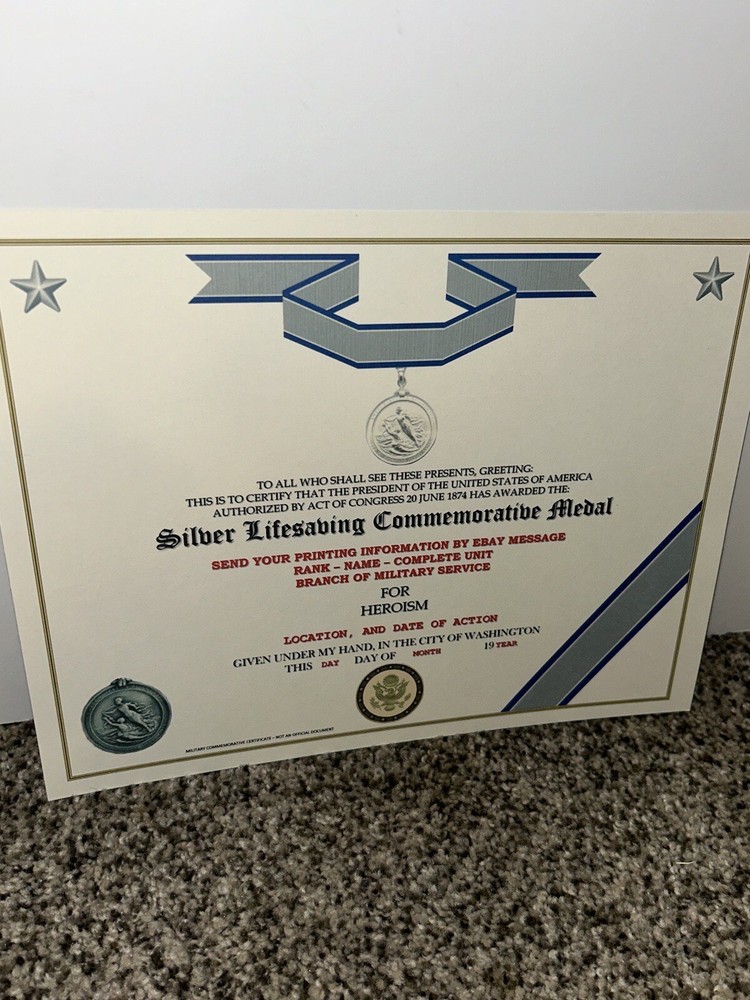 SILVER LIFESAVING MEDAL COMMEMORATIVE CERTIFICATE ~ TYPE-2 w/PRINTING