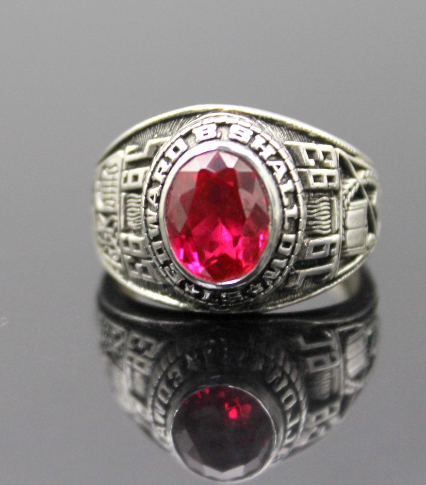 EDWARD SHALLOW SCHOOL 1993 FAUX RUBY SOLID STERLING SILVER RING SIZE 9.75