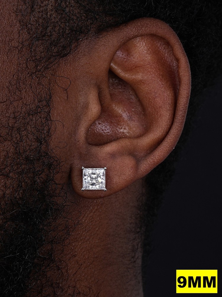 Real Square Princess Stud Earrings Unisex Silver Passes Tester