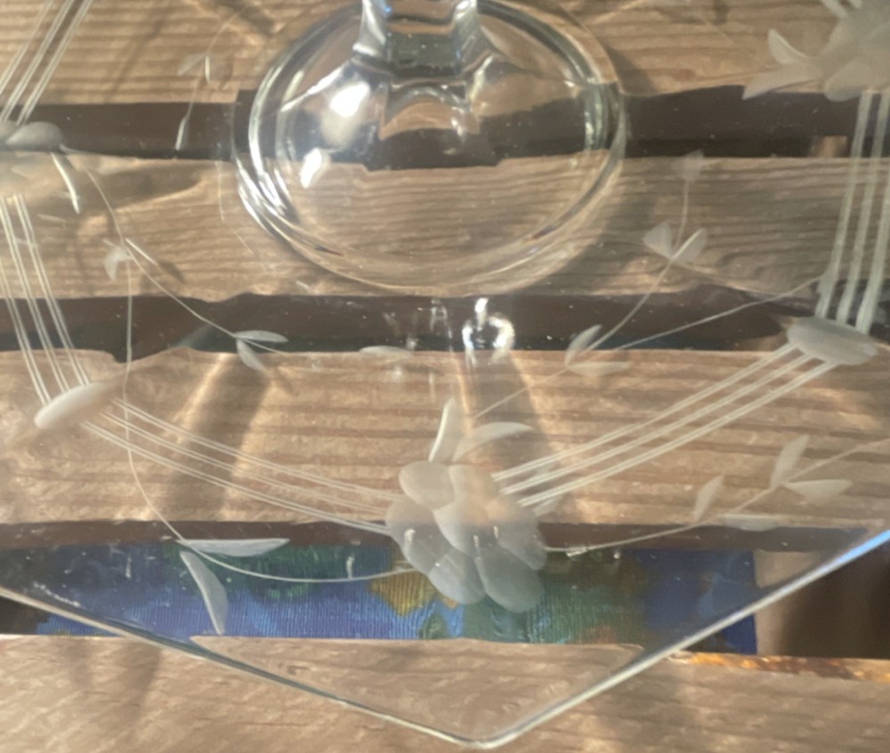 Vintage Etched Glass Serving Plate with Handle
