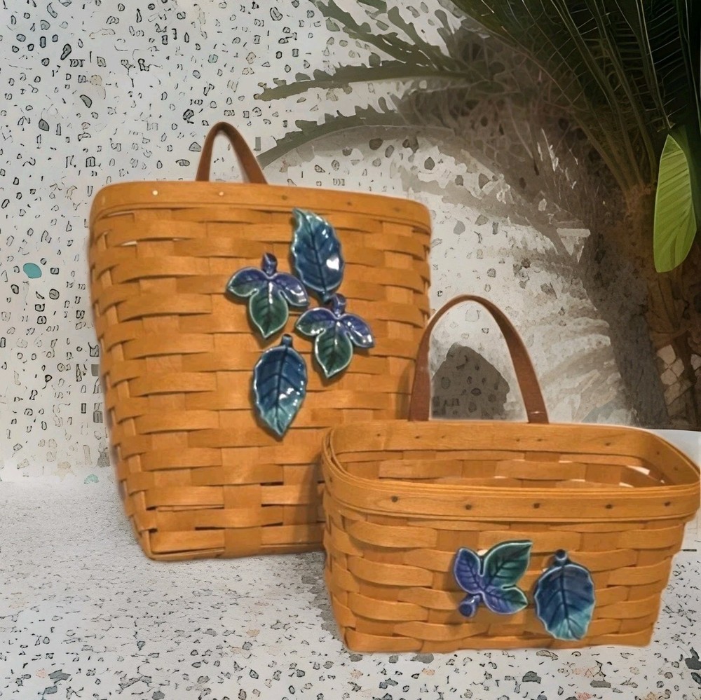 LANGABERGER 2-BASKETS THIN MAPLE  W/CERAMIC(ADED)DECOR &PLASTIC LINER 2000 USA