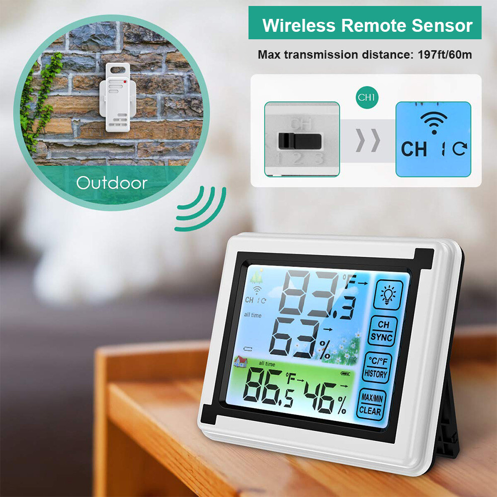 Digital Thermometer Wireless Temperature Humidity In/Outdoor With Transmitter US