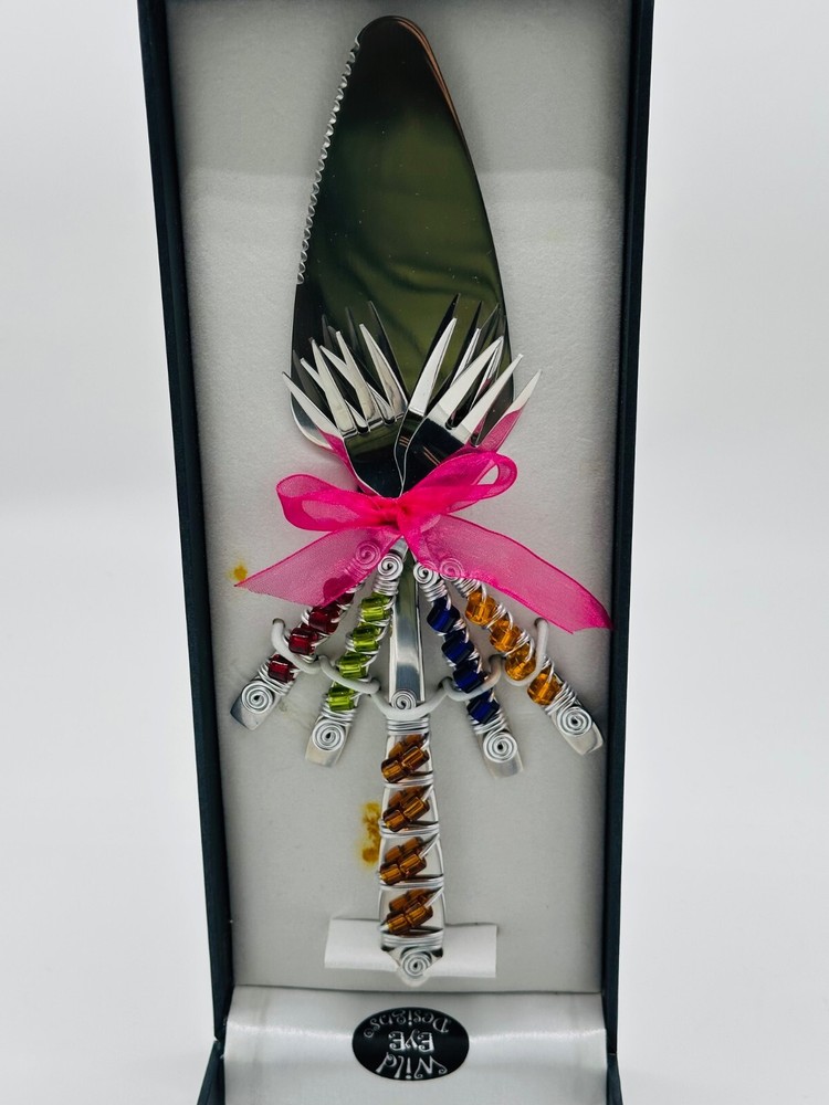Wild Eye Designs 5 pc Cake Serving Set Cake Knife & 4 Mini Forks Beaded