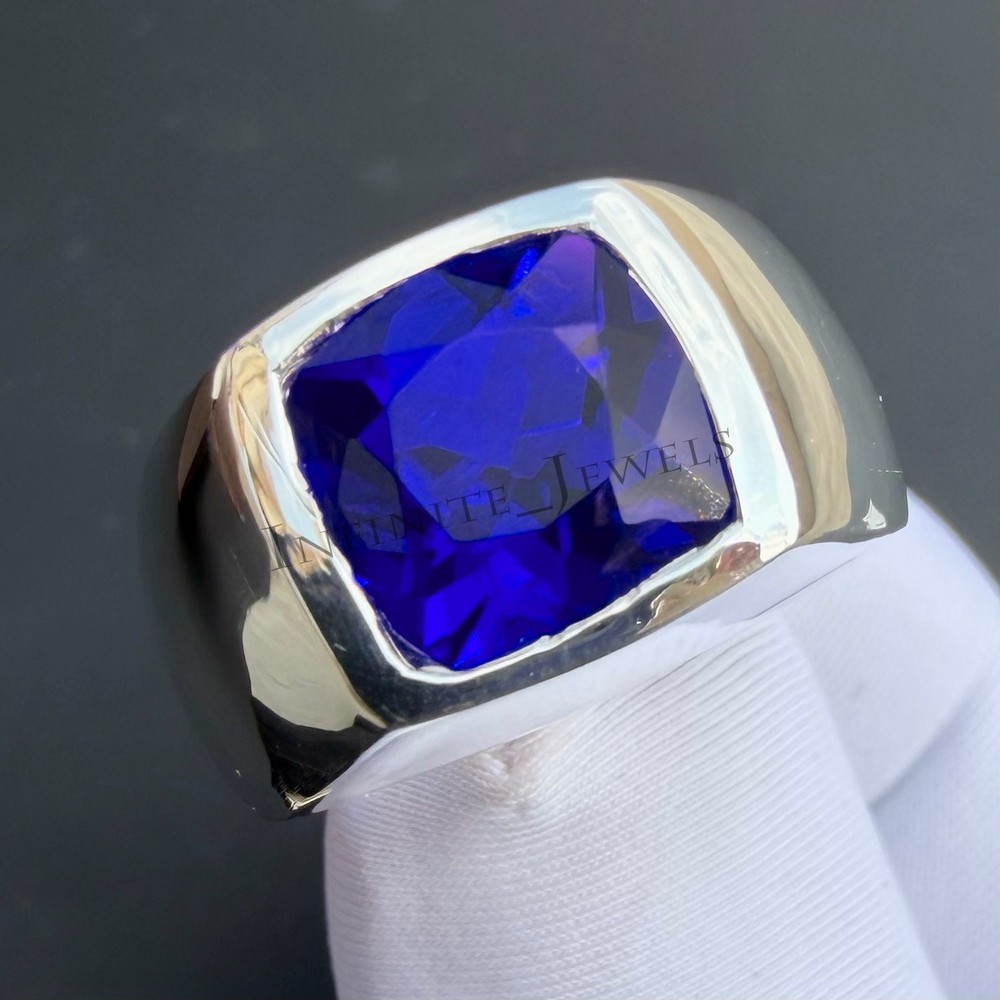 Solid 925 Sterling Silver Men's Blue Sapphire Ring Statement Engagement Jewelry