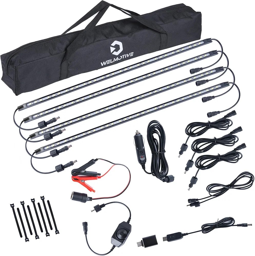 4- 20" 12V Light Bars LED Int/Ext Bar Kit Dimmable Camping String White Magnetic