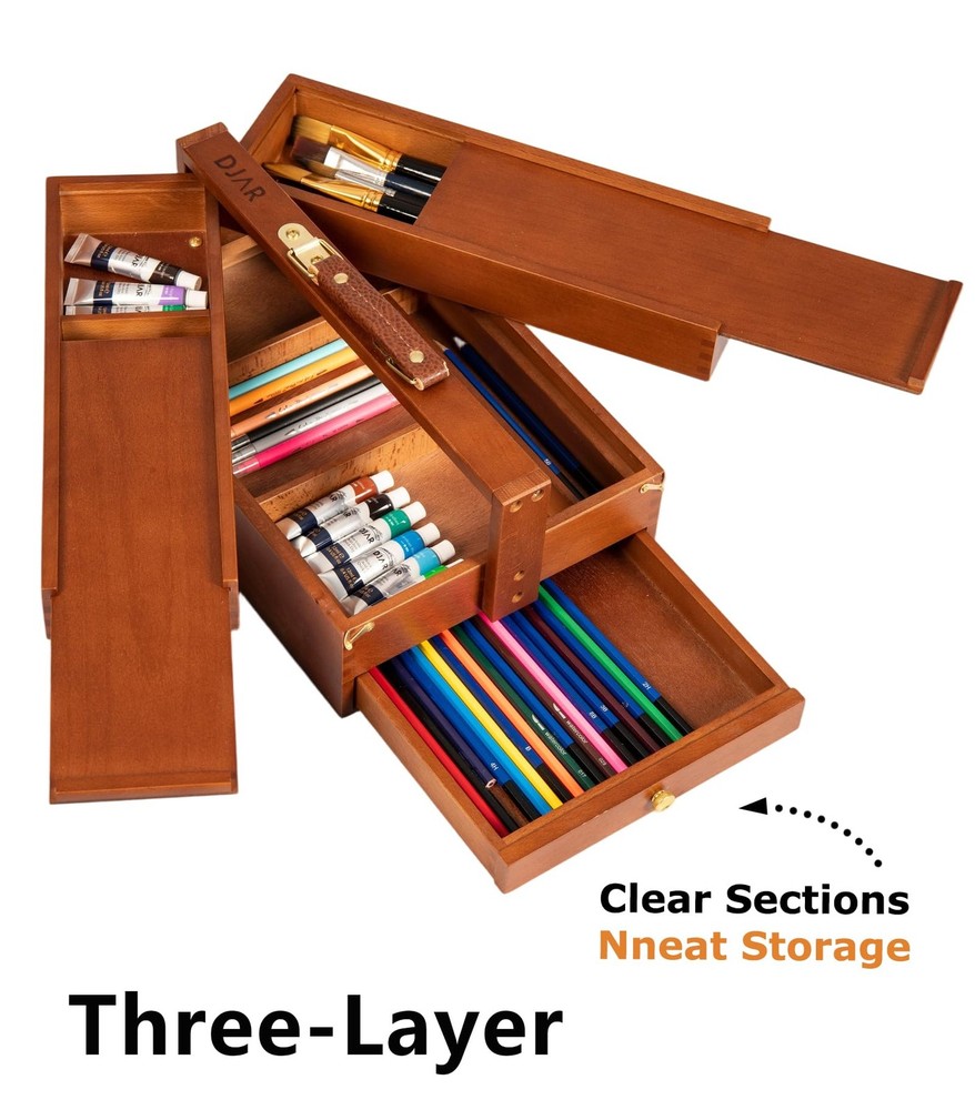 Multi-Function Art Tool Box, Portable Foldable Beech Wood Artist Supply Stora...