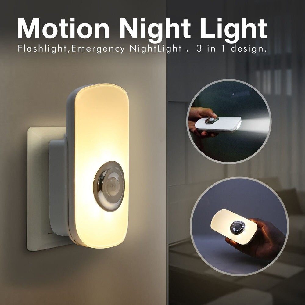 3-in-1 Motion Sensor Night Light Plug in, Rechargeable Flashlight, Emergency ...
