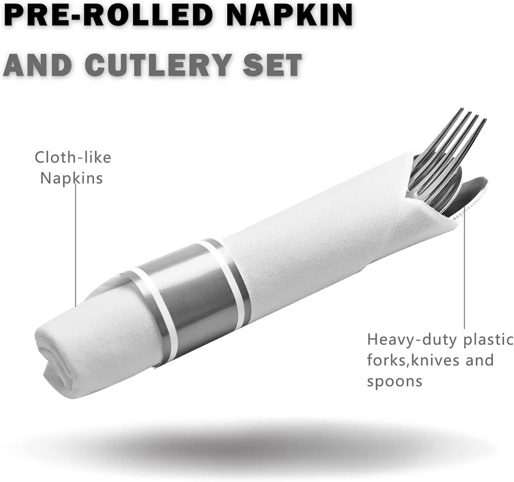 400 Pcs Pre Rolled Silver Cutlery Set, 100 Pack Wrapped Silverware Set with N...
