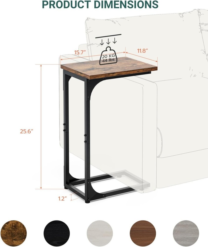 Compact C-Shaped Side Table with Waterproof Top - Rustic Brown & Metal Frame
