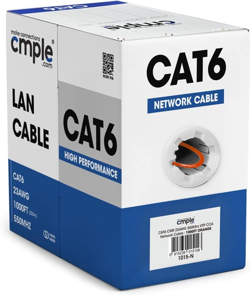 Cat6 Riser Ethernet Cable 1000ft CMR Solid 23AWG UTP 10Gb Pull Box Orange