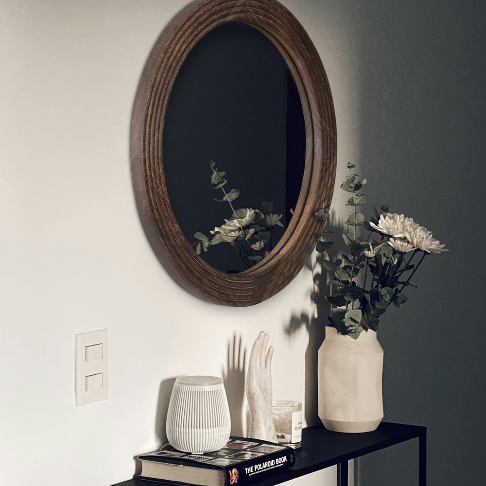 Round Mirror, Farmhouse Decor Solid Wood Frame Wall Circle Mirror, Decorative...