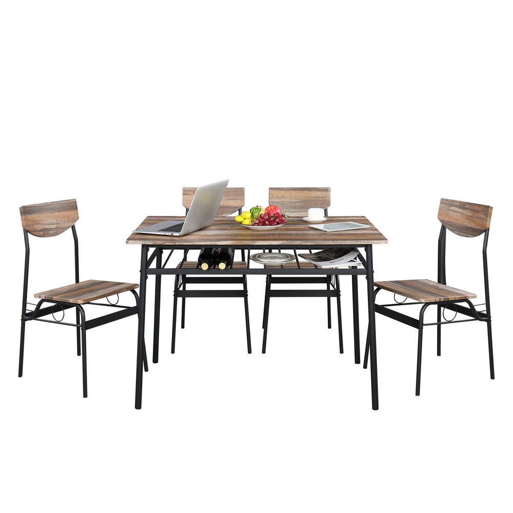 US 5Pcs Rustic Wood Dining Set With 1 Rectangular Table & 4 Chairs Natural Color