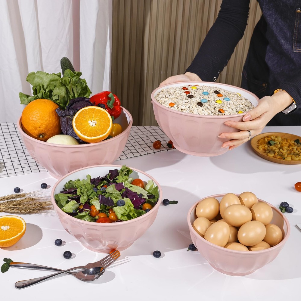 4 Pack Plastic Mixing Bowls with Lids Set Large Nesting Bowl Pink
