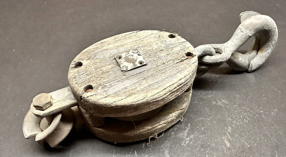 Antique Primitive Wood & Metal Pulley