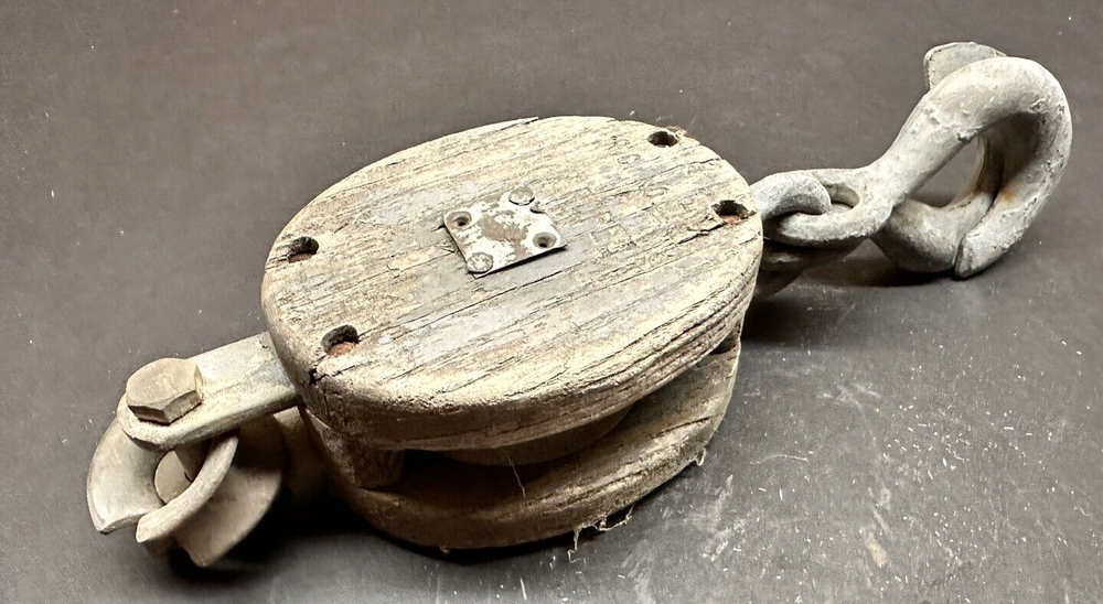 Antique Primitive Wood & Metal Pulley