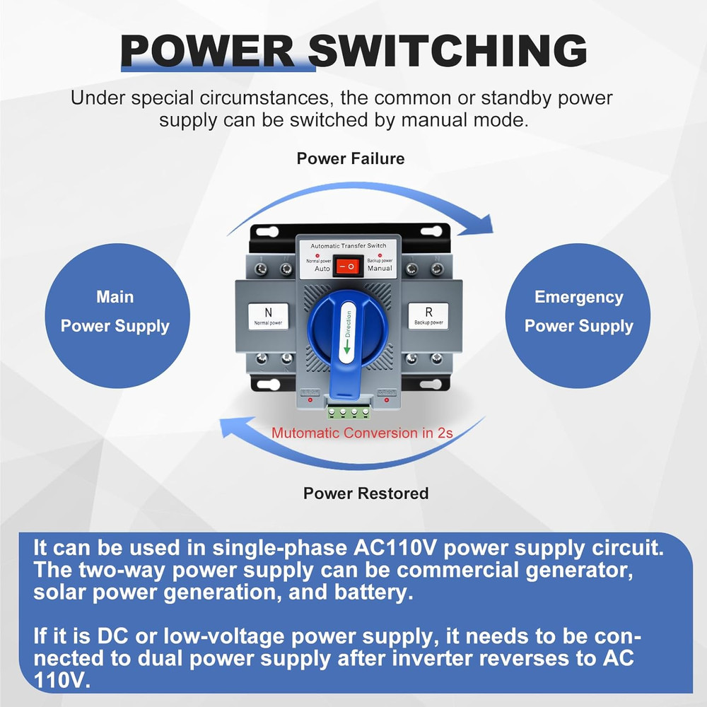 110V Dual Power Automatic Transfer Switch, 2P 63A CE Certified ATS Generator Cha