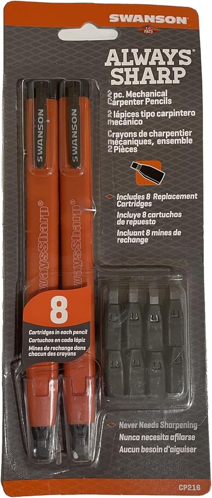 Mechanical Carpenter Pencil, Two Pack, with 8 More Replacement Black Graphite T