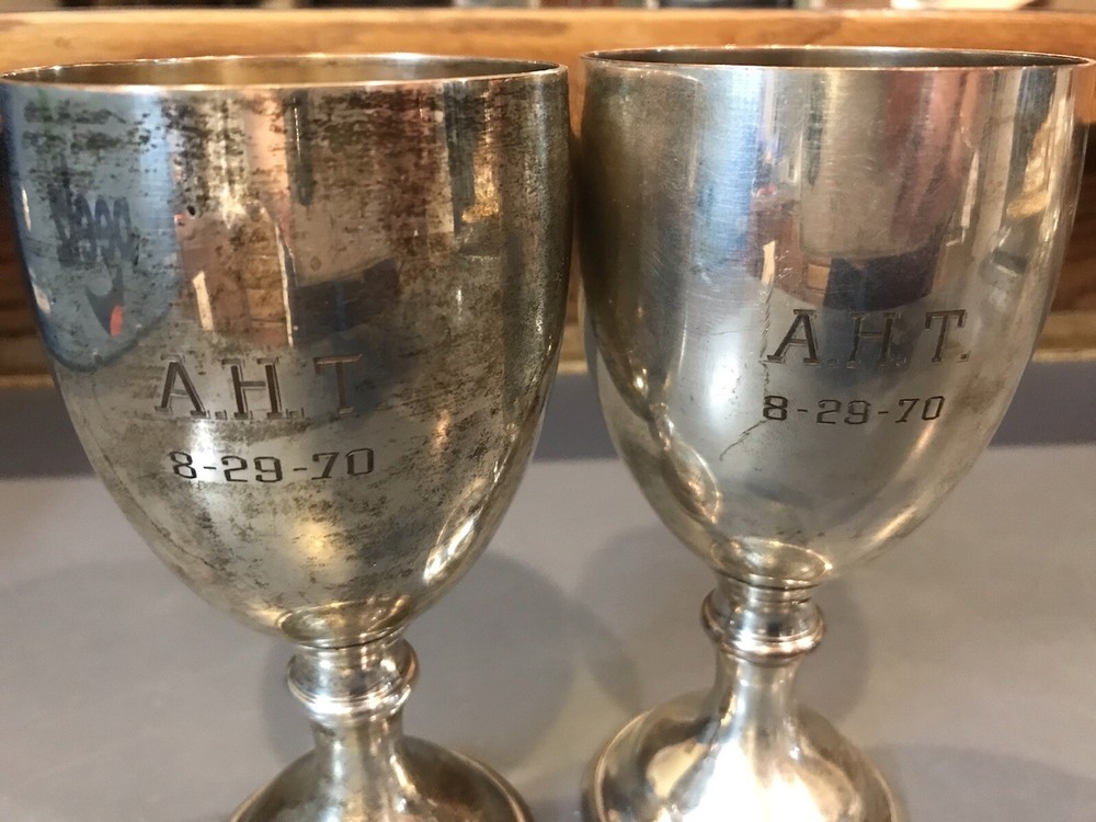 Vintage 1970 silver plate monogrammed footed goblet pair