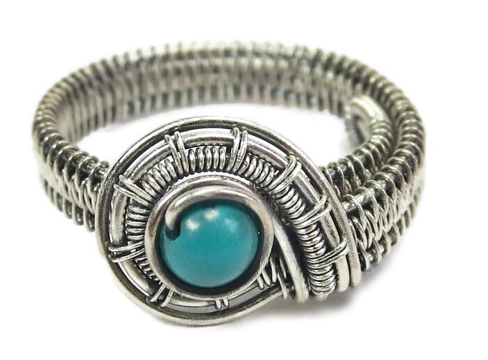 Turquoise Adjustable Ring, Woven in Sterling Silver Wire