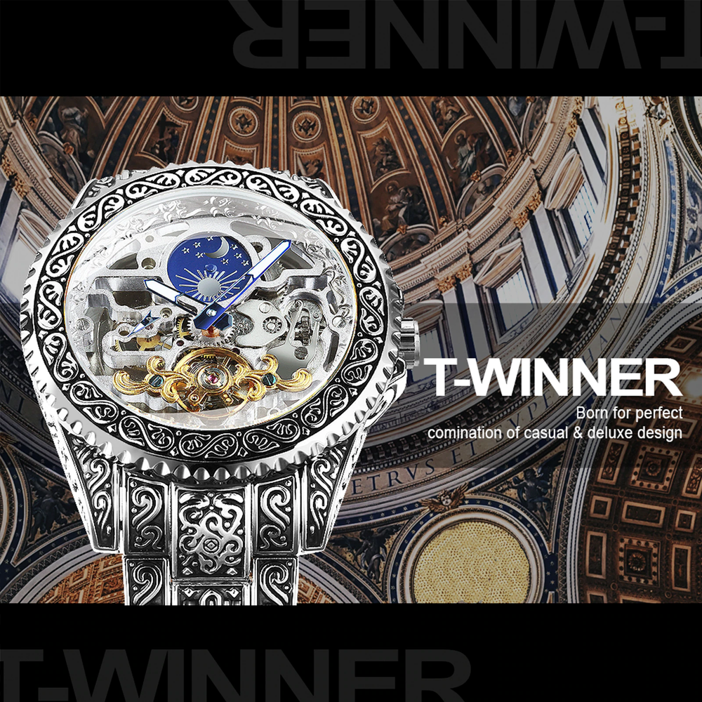 New Luxury Moon Phase Tourbillon Skeleton Engraved Mechanical Automatic Watch