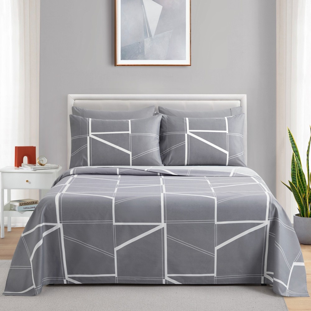 Printed Rayon from Bamboo Deep Pocket 4 Pieces Sheet Set, Grey Geometric Twin