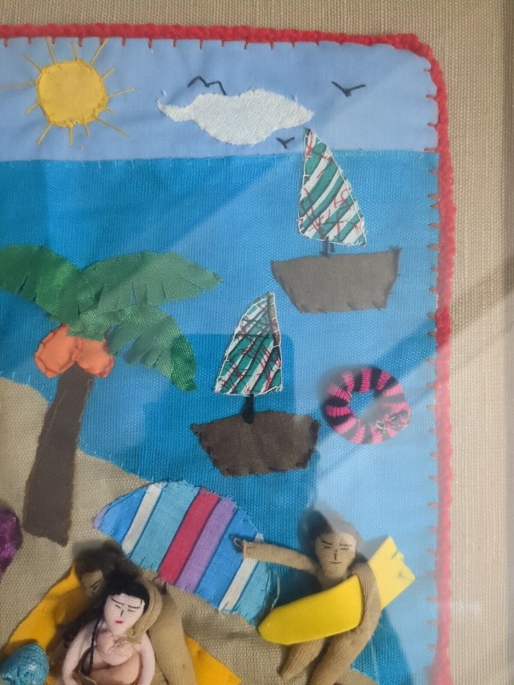 Beach Arpillera Patchwork 3D Handmade Framed Wall Art Peruvian Quilted
