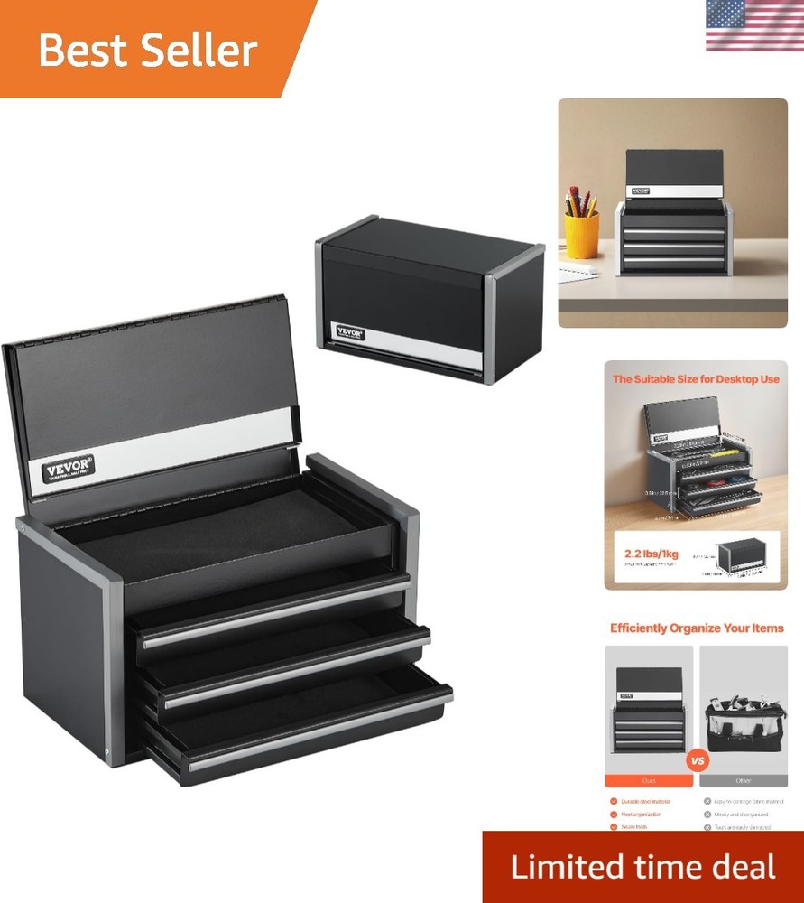 8.6-Inch Black Tool Box - Durable 3 Drawer Organizer for Small Items