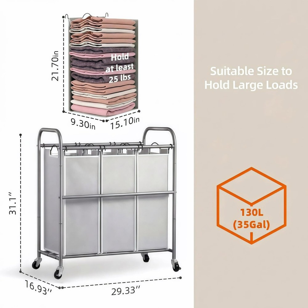 Laundry Sorter Hamper 3 Section, Divided Laundry Basket Organizer with Heavy ...