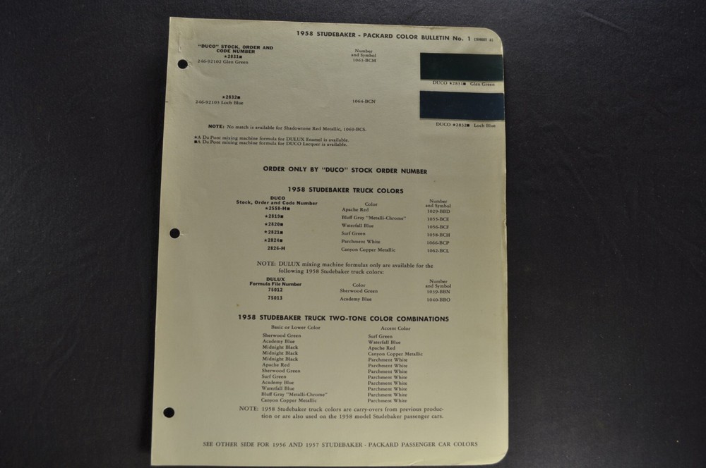 1958 Studebaker Packard Paint Chips Sheets Hawk President Commander Truck 58