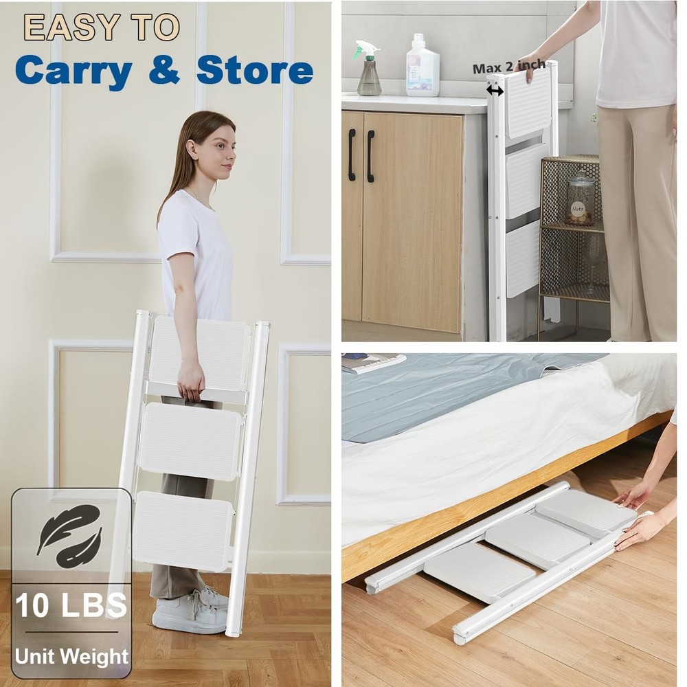 Double Elite Step Ladder 3 Folding, Sturdy 330 Lbs Load 3-Step, White