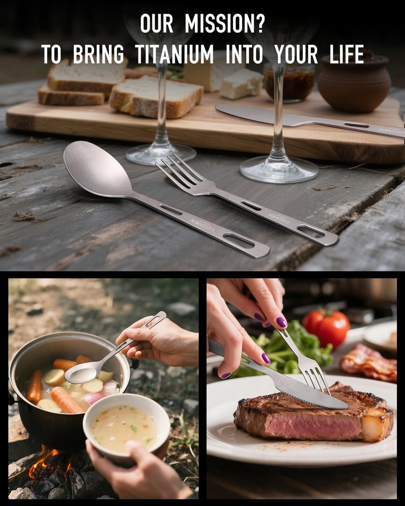 5-Piece Titanium Flatware Set with Knife, Fork, Spoon, Chopsticks & Carry Bag