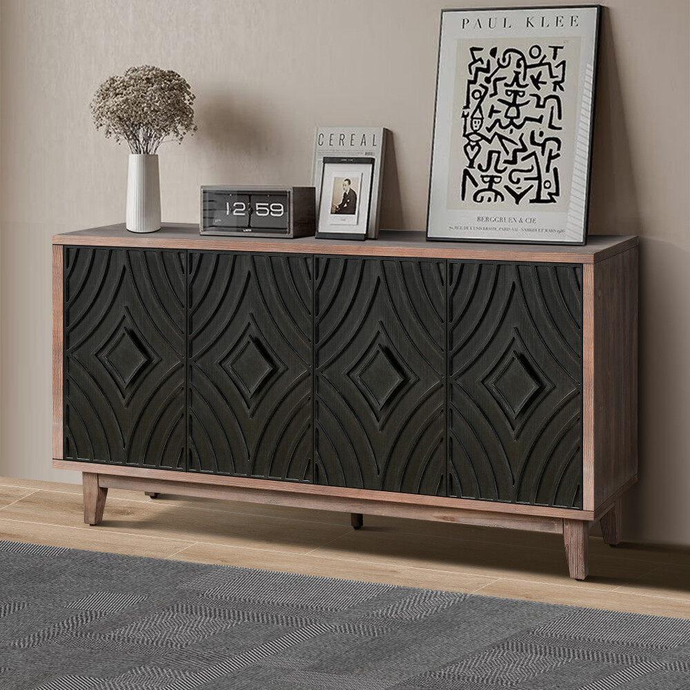 60"Kitchen Storage Cabinet with 4 Convex Pattern Diamond Doors and 2 Shelves