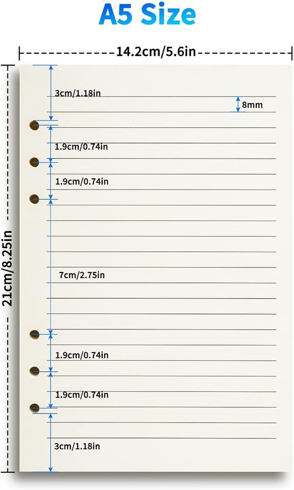 A5 Refillable Paper for 6-Ring Binders, Planner, Traveller Journal, Notebook