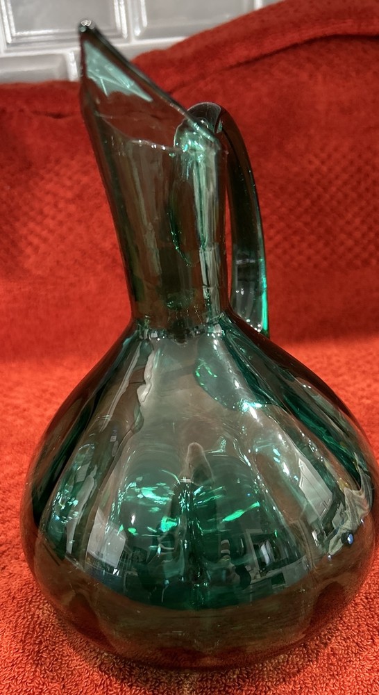 Studio art class pitcher applied handle bluish green